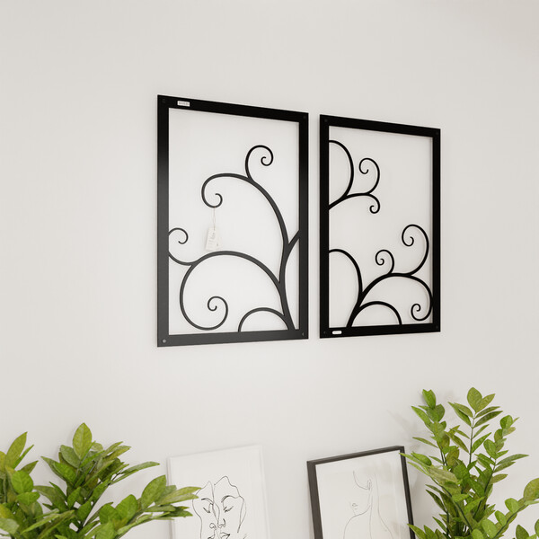 3000927 pięknie wycięte laserem Panel ażurowy 3d Dyptyk Zawijasy  na białej ścianie z czarnej płyty