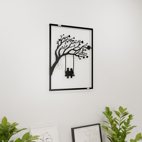 3000936 pięknie wycięte laserem Panel ażurowy 3d huśtawka  na białej ścianie z czarnej płyty