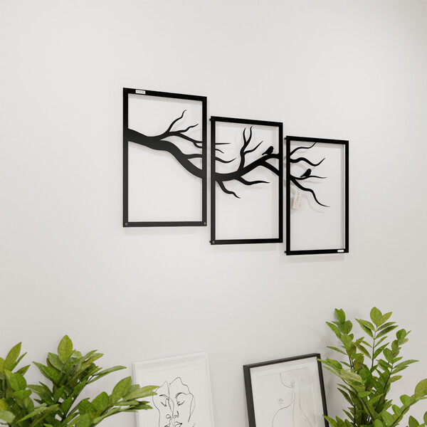 3000944 pięknie wycięte laserem Panele ażurowe 3d tryptyk drzewo  na białej ścianie z czarnej płyty