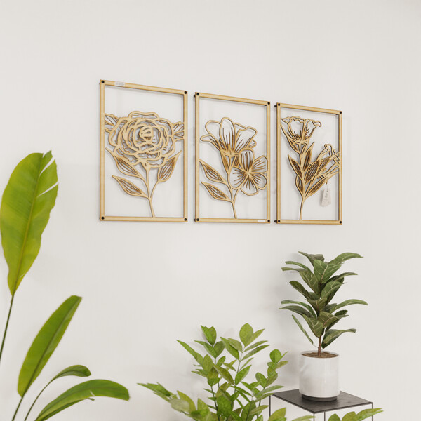 Tryptyk z kwiatami trzy panele ścienne 3000954 ze sklejki brzozowej