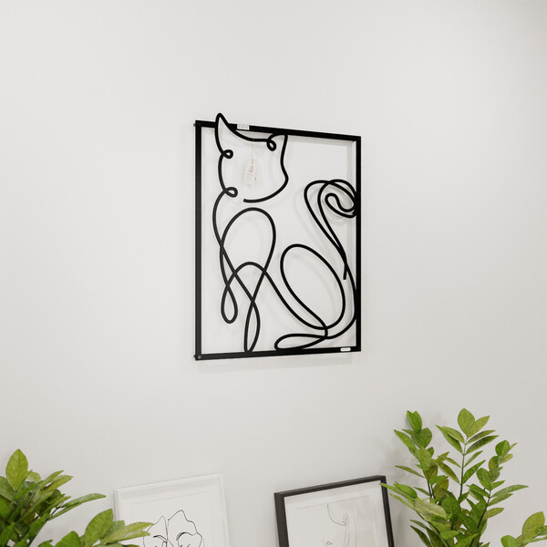 3001049 pięknie wycięte laserem Panel dekoracyjny kot  na białej ścianie z czarnej płyty