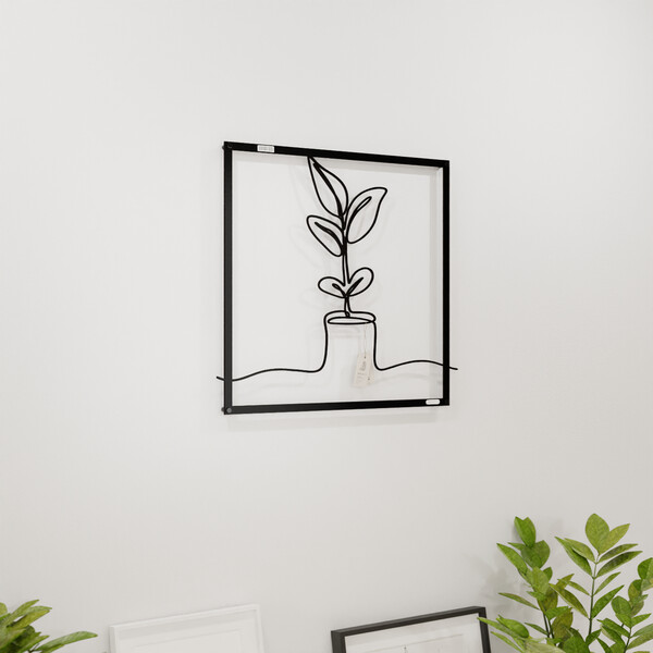 3001070 pięknie wycięte laserem Panel dekoracyjny kwiat w donicy  na białej ścianie z czarnej płyty