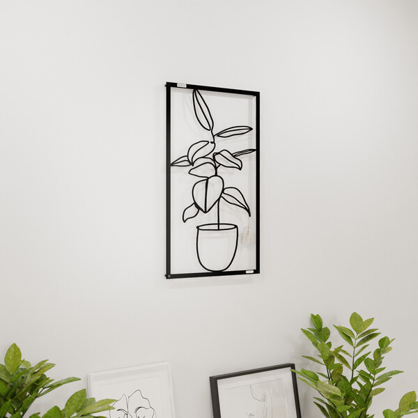 3001077 pięknie wycięte laserem Panel dekoracyjny kwiat w donicy  na białej ścianie z czarnej płyty