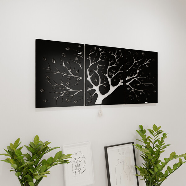 3001127 pięknie wycięte laserem Tryptyk panele dekoracyjne drzewo  na białej ścianie z czarnej płyty