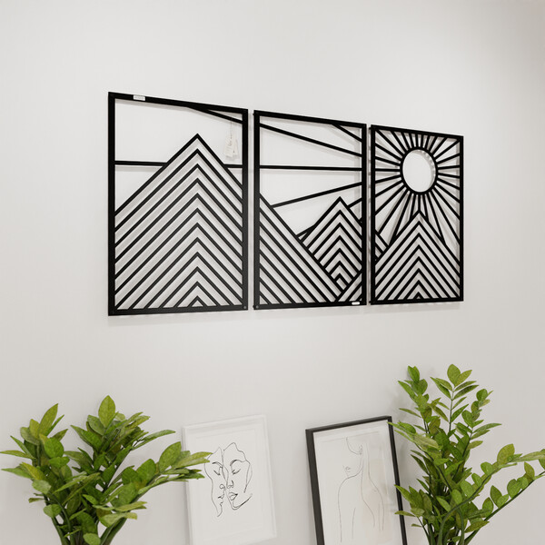 3001165 pięknie wycięte laserem Tryptyk ażurowy zachód słońca  na białej ścianie z czarnej płyty
