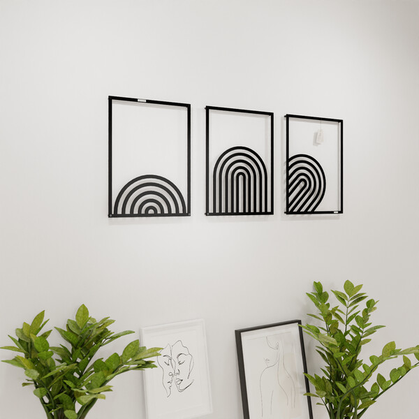 3001211 pięknie wycięte laserem Tryptyk ażurowy geometryczne półkola  na białej ścianie z czarnej płyty