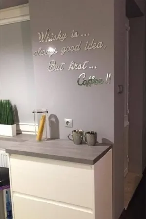 Dekoracyjny napis z lustrzanego materiału Whisky is always a good idea, but first Coffee