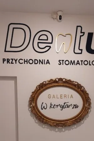 Napis Dentu Przychodnia Stomatologiczna wykonany ze sklejki, ozdoba ściany w gabinecie